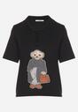 Czarny Wiskozowy T-shirt z Naszywką Misia i Guzikami przy Dekolcie Callidora