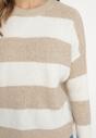 Beżowy Sweter w Pasy z Wełną Zakończony Ściągaczem Tiaelle