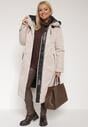 Beżowa Kurtka z Kapturem o Wydłużonym Fasonie z Kieszeniami na Suwak Loreldra