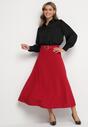Bordowa Rozkloszowana Spódnica z Wysokim Stanem Ozdobiona Paskiem z Klamrą Lobir