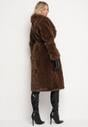 Brązowy Futerkowy Płaszcz z Szerokim Kołnierzem i Mankietami z Wiązanym Paskiem Viaruna