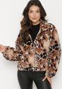 Czarno-Beżowa Futerkowa Kurtka ze Ściągaczami i Kołnierzykiem w Animal Print Fortilia