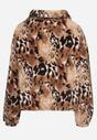 Czarno-Beżowa Futerkowa Kurtka ze Ściągaczami i Kołnierzykiem w Animal Print Fortilia