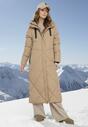 Ciemnobeżowa Pikowana Kurtka o Długim Pudełkowym Kroju z Kapturem i Kieszeniami Attesina