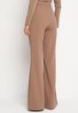 Jasnobrązowe Spodnie o Kroju Dzwonów  z Wysokim Stanem i Imitacją Kieszonek Zinire