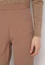 Jasnobrązowe Spodnie o Kroju Dzwonów  z Wysokim Stanem i Imitacją Kieszonek Zinire