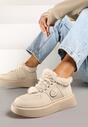 Beżowe Sznurowane Sneakersy  na Grubej Podeszwie z Futerkiem i Aplikacją Tinivra