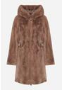 Brązowy Futrzany Płaszcz z Kapturem i Zapięciem na Suwak Hedilia