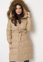 Beżowa Długa Pikowana Kurtka z Kapturem Odpinanym Futerkiem i Paskiem w Talii Serenira