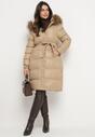 Beżowa Długa Pikowana Kurtka z Kapturem Odpinanym Futerkiem i Paskiem w Talii Serenira