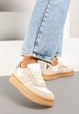 Beżowo-Białe Płaskie Sneakersy z Perforacją i Ozdobnymi Przeszyciami Neaviria