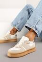 Beżowo-Białe Płaskie Sneakersy z Perforacją i Ozdobnymi Przeszyciami Neaviria