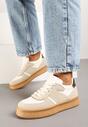 Beżowo-Białe Płaskie Sneakersy z Perforacją i Ozdobnymi Przeszyciami Neaviria
