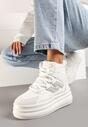 Białe Sneakersy na Grubej Podeszwie z Tłoczeniem Futerkiem i Geometryczną Wstawką Nealandra