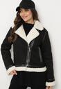 Czarna Kurtka Biker z Futerkiem Typu Baranek i Asymetrycznym Zapięciem Neavielis