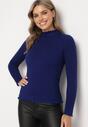 Granatowy Sweter z Wełną i Ozdobną Falbanką przy Dekolcie Seanoria