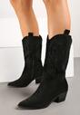 Czarne Botki Kowbojki z Imitacji Zamszu na Słupku Zdobione Przeszyciami Ventinnora