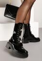 Czarne Botki na Płaskiej Podeszwie w Stylu Workerów ze Sznurowaniem i Cyrkoniami Nialoria