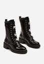 Czarne Botki na Płaskiej Podeszwie w Stylu Workerów ze Sznurowaniem i Cyrkoniami Nialoria