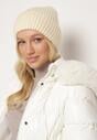 Beżowa Prążkowana Czapka Beanie z Wiskozą i Metaliczną Nicią Temiala