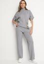 Szary Dzianinowy Komplet Oversize z Wiskozą Szerokie Spodnie i T-shirt Lannethria