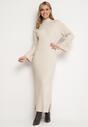Beżowa Sweterkowa Sukienka z Wiskozą i Wywiniętymi Rękawami Gebiga