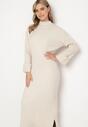 Beżowa Sweterkowa Sukienka z Wiskozą i Wywiniętymi Rękawami Gebiga