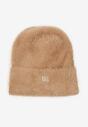 Beżowa Czapka Typu Beanie z Wełną i Wiskozą Ozdobiona Naszywką Borirra
