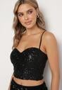 Czarny Top na Ramiączkach z Dekoltem w Kształcie Serca Zdobiony Cekinami Senelle