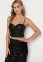 Czarny Top na Ramiączkach z Dekoltem w Kształcie Serca Zdobiony Cekinami Senelle