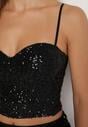 Czarny Top na Ramiączkach z Dekoltem w Kształcie Serca Zdobiony Cekinami Senelle