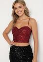 Bordowy Top na Ramiączkach z Dekoltem w Kształcie Serca Zdobiony Cekinami Senelle