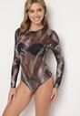 Brązowe Dopasowane Body Longsleeve z Siateczkowego Materiału z Wiskozą Listaria