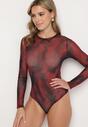 Bordowe Dopasowane Body Longsleeve z Siateczkowego Materiału z Wiskozą Listaria