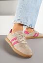 Beżowo-Różowe Sneakersy na Płaskiej Podeszwie ze Skórzaną Wkładką i Geometrycznym Wzorem Nelirria