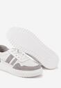 Biało-Szare Skórzane Sneakersy na Płaskiej Podeszwie z Perforacją i Ozdobione Paskami Terili