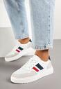 Biało-Granatowe Skórzane Sneakersy na Płaskiej Podeszwie z Perforacją i Ozdobione Paskami Terili