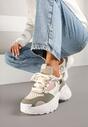 Beżowo-Zielone Sneakersy na Grubej Podeszwie z Tłoczeniami Lilasea