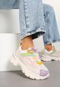 Beżowo-Fioletowe Sneakersy na Grubej Podeszwie z Tłoczeniem i Geometrycznym Wzorem Iveloria