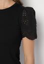 Czarny Bawełniany T-shirt z Ażurowymi Rękawami Nalanis
