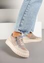 Beżowo-Niebieskie Skórzane Sneakersy w Streetwearowym Stylu Zdobione Suwakiem Elearessa