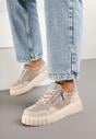 Beżowo-Niebieskie Skórzane Sneakersy w Streetwearowym Stylu Zdobione Suwakiem Elearessa
