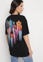 Czarny Oversizowy T-shirt z Napisem z Przodu i Gwiazdami na Plecach Ilanlith