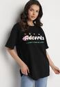 Czarny Oversizowy T-shirt z Napisem z Przodu i Gwiazdami na Plecach Ilanlith