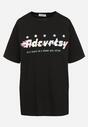 Czarny Oversizowy T-shirt z Napisem z Przodu i Gwiazdami na Plecach Ilanlith