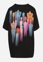 Czarny Oversizowy T-shirt z Napisem z Przodu i Gwiazdami na Plecach Ilanlith