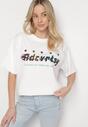 Biały Oversizowy T-shirt z Napisem z Przodu i Gwiazdami na Plecach Ilanlith