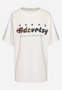 Biały Oversizowy T-shirt z Napisem z Przodu i Gwiazdami na Plecach Ilanlith