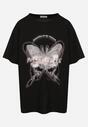 Czarny T-shirt Oversize z Bawełny z Nadrukiem z Motylem Nonatira