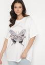 Biały T-shirt Oversize z Bawełny z Nadrukiem z Motylem Nonatira
